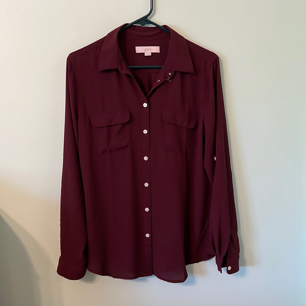 Loft Maroon Button Down With Roll Tab Sleeves - image 1